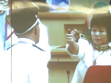 Hee Yit Foong holds up what is believed to be pepper spray in one of the many fracas during the May 7 state assembly.
