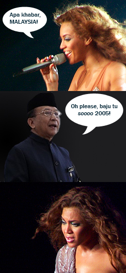 Photochop of 1— Beyonce saying 'apa khabar Malaysia!', 2— Rais saying the dress is sooo 2005, 3 — Beyonce looking upset