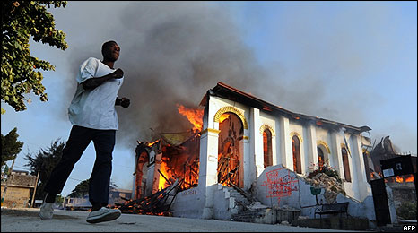 A burning church in Haiti