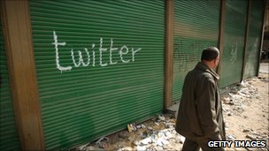 A shop in Tahrir Square is spray painted with the word Twitter after the government shut off internet access on 4 February 